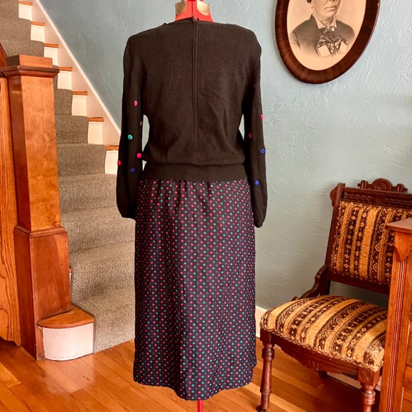 Vintage 80s Ciao Ltd New Wave Embroidered Polka Dot Knit Dress Pockets S/M - Picture 2 of 3